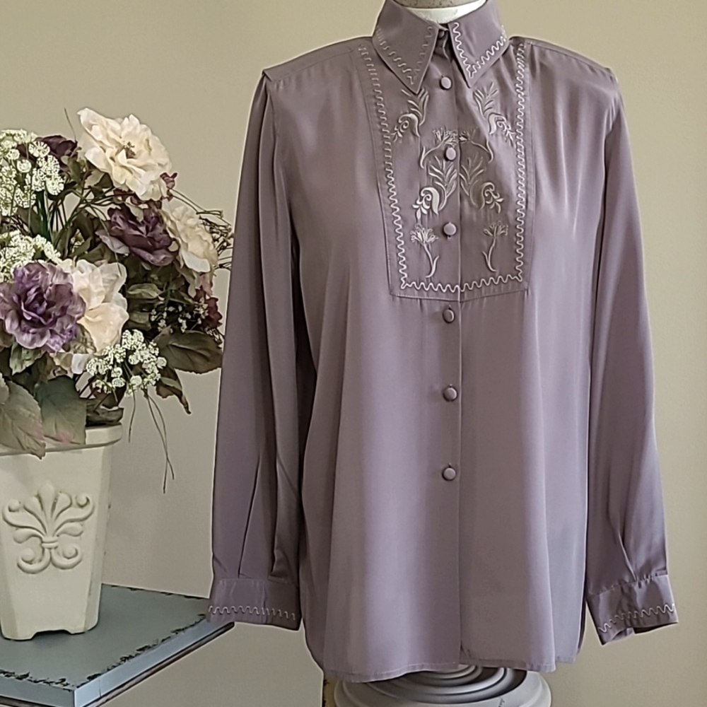 Vintage Janine Blouse Chiffon Button Up Long Slv Collar Embroidery Rose Mauve XL